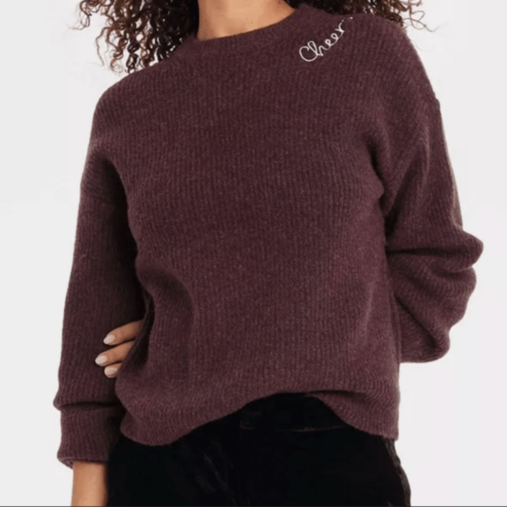 A new day holiday “cheers” burgundy knit sweater Sz L